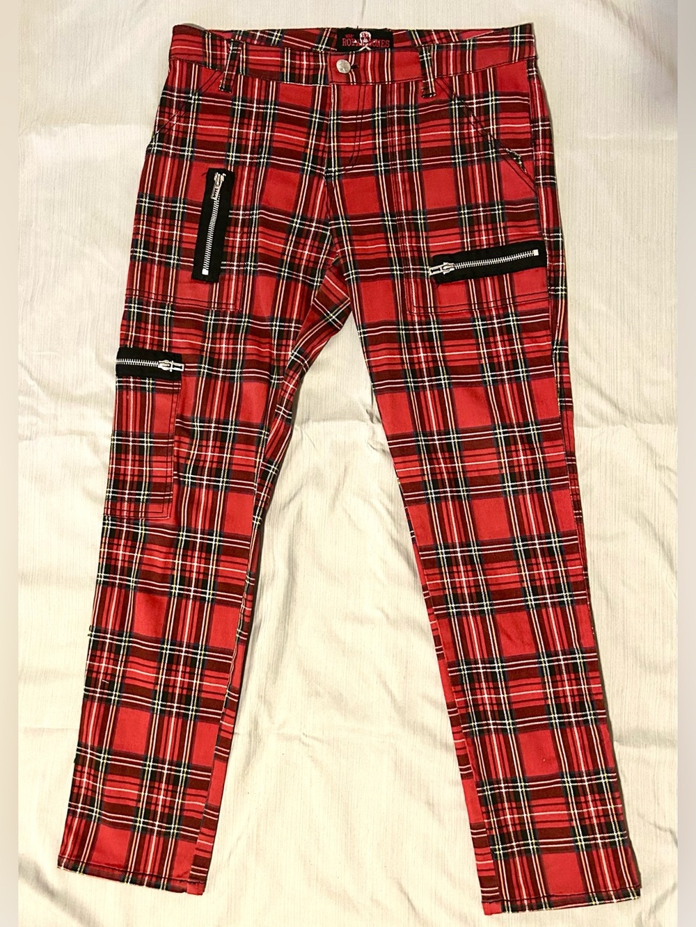 Royal Bones Red Plaid Pants with Zipper Accents